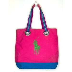 1980s–90s Ralph Lauren Polo Canvas Tote Bag Pink Blue Big Pony Cotton Carryall